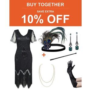 7565 1920s Art Deco Fringed Sequin Black Dress